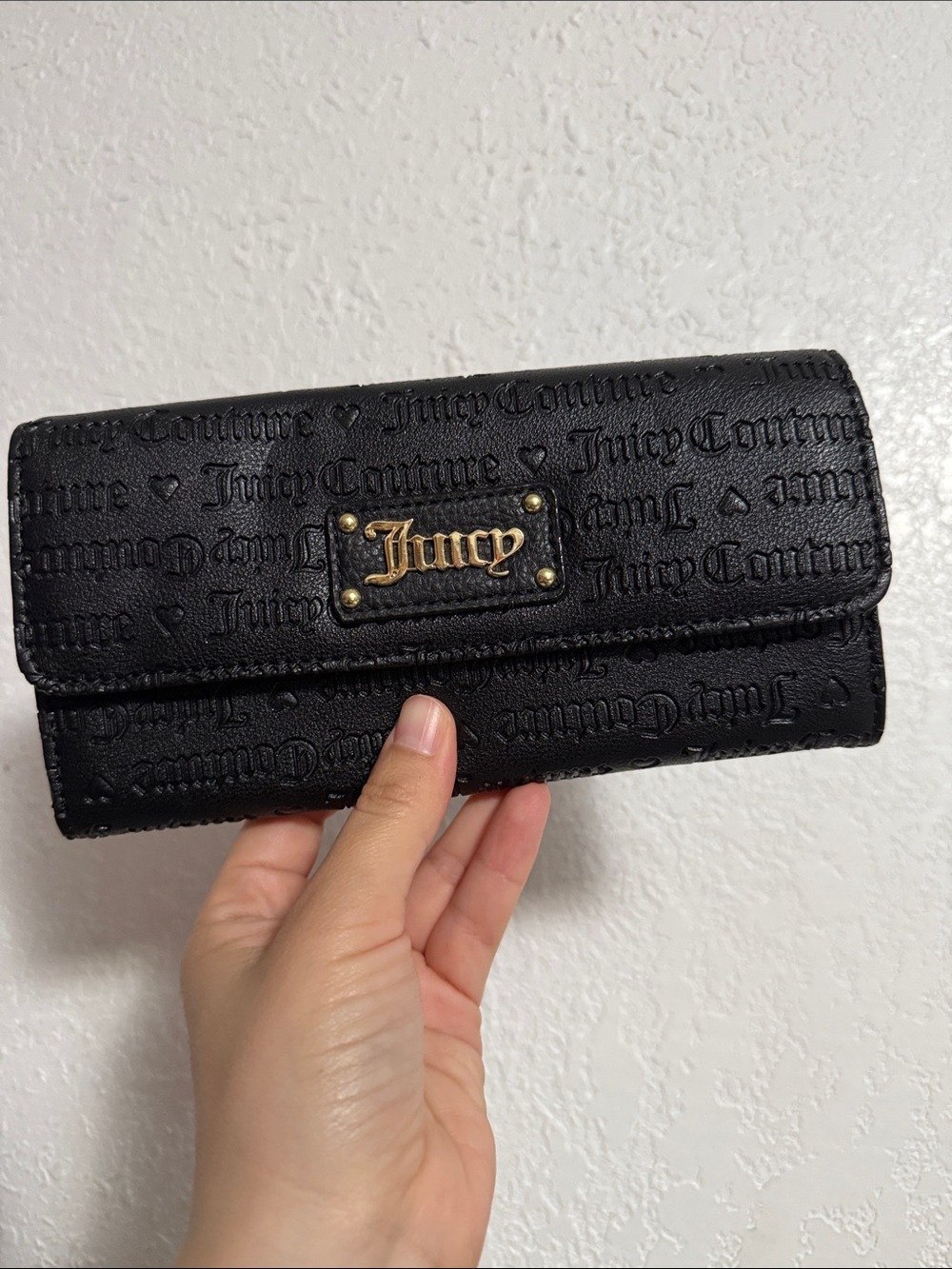 Juicy Couture Black Embossed Logo Continental Wallet with Gold Plaque